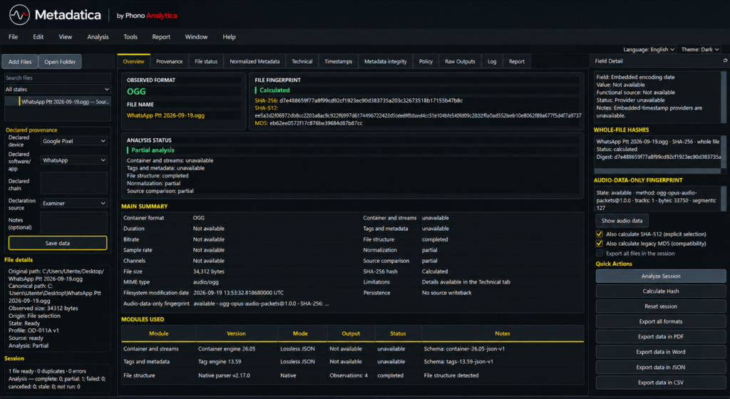 Real Metadatica FULL Overview screen in Dark theme, showing results of a completed metadata examination.