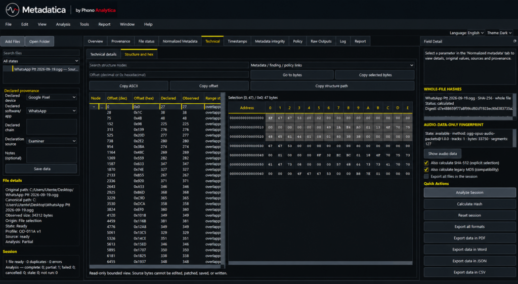 Real Metadatica FULL Structure and Hex screen displaying read-only hexadecimal file inspection.