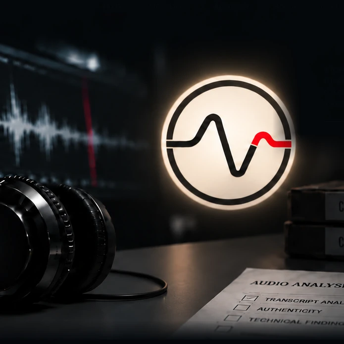 Forensic audio workstation with waveform, headphones, illuminated Phono Analytica symbol, case files and technical report.